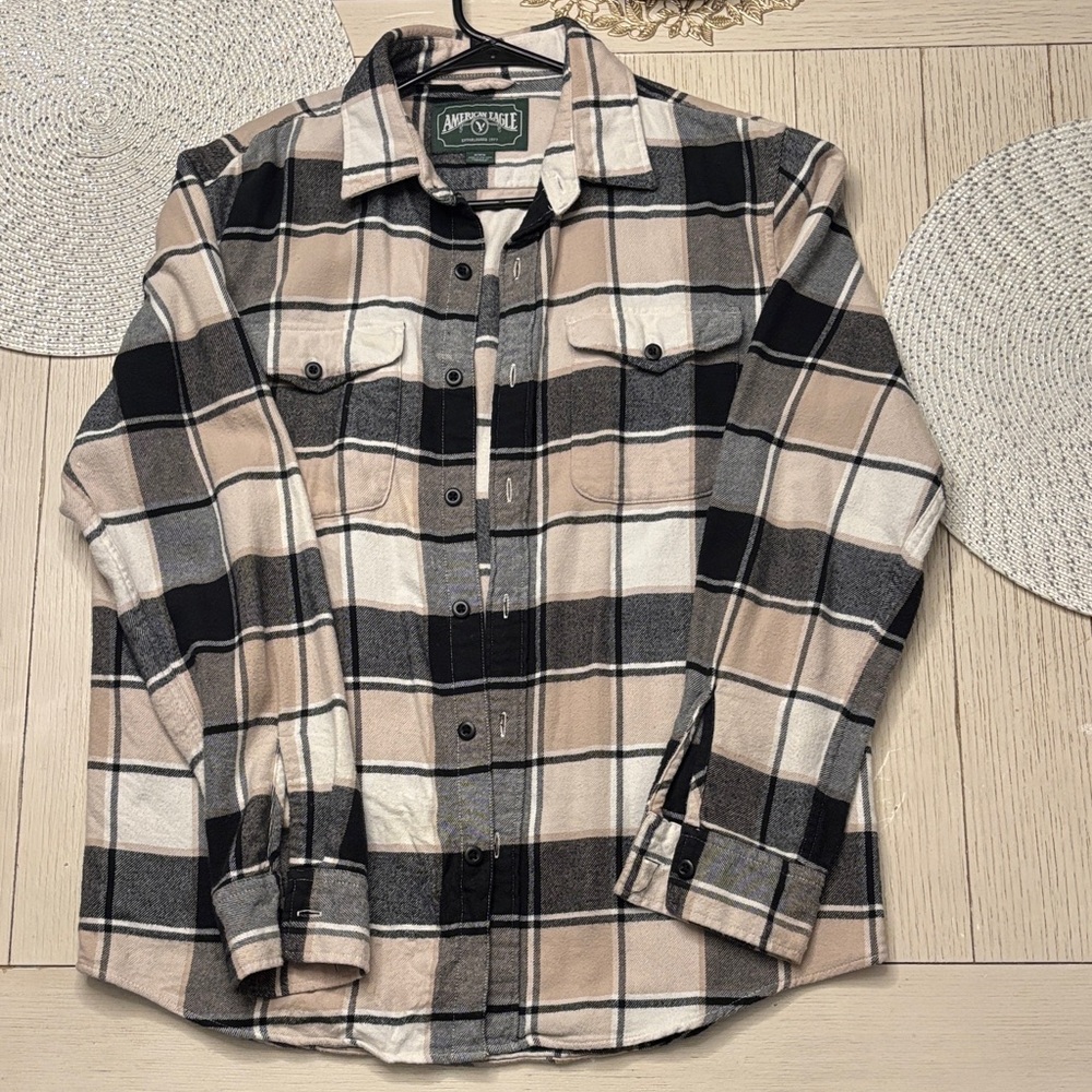 American Eagle Outfitters Beige Black White Plaid Button-Down Shirt